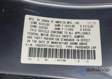 2016 Honda Accord Ex-L V-6 from USA, damaged, VIN 1HGCR3F01GA011672